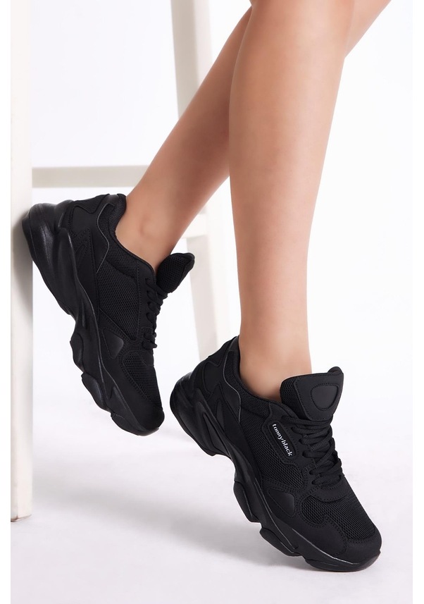 Resim Rahat Kalıp Yüksek Taban Bağcıklı Unisex Siyah Siyah Spor Ayakkabı Zhr-0 Siyah Siyah 
