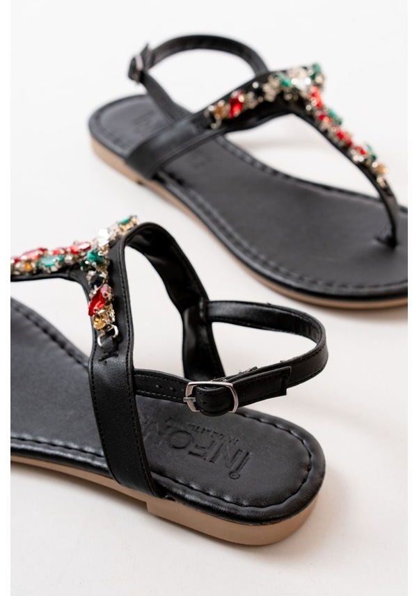 Resim 152-1110 Siyah Multi Taşlı Parmak Arası Kadın Sandalet Altın - Taba 