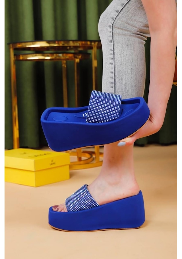 Resim Solina Yüksek Topuklu Mavi Renkli Taşlı Terlik-mavi Mavi 