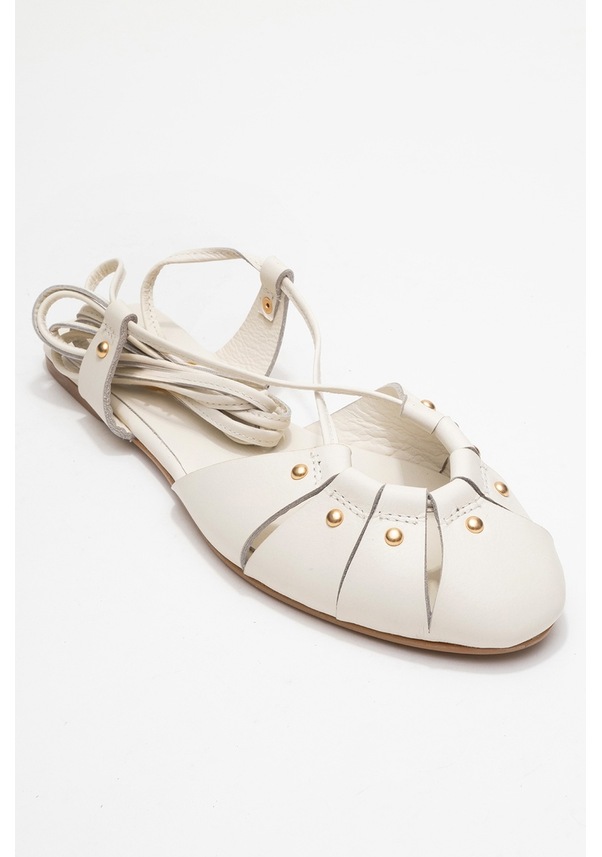 Resim Luvi Shoes Darıa Ekru Hakiki Deri Troklu Bilekten Bağcıklı Kadın Sandalet Ekru 
