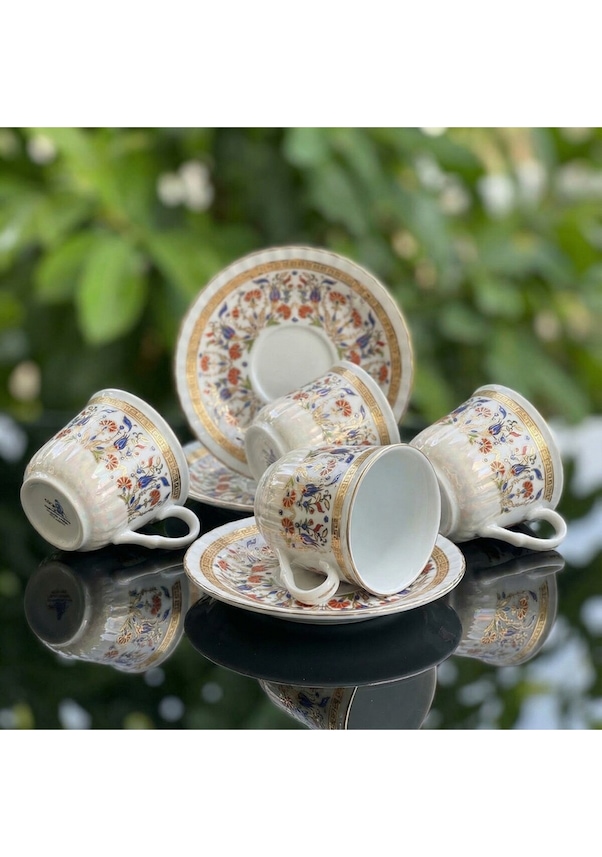 Resim 6 Kişilik Çini Desenli Altın Yaldızlı Porselen Çay Ve Kahve Fincanı Klasik Lüks Fincan Altın 