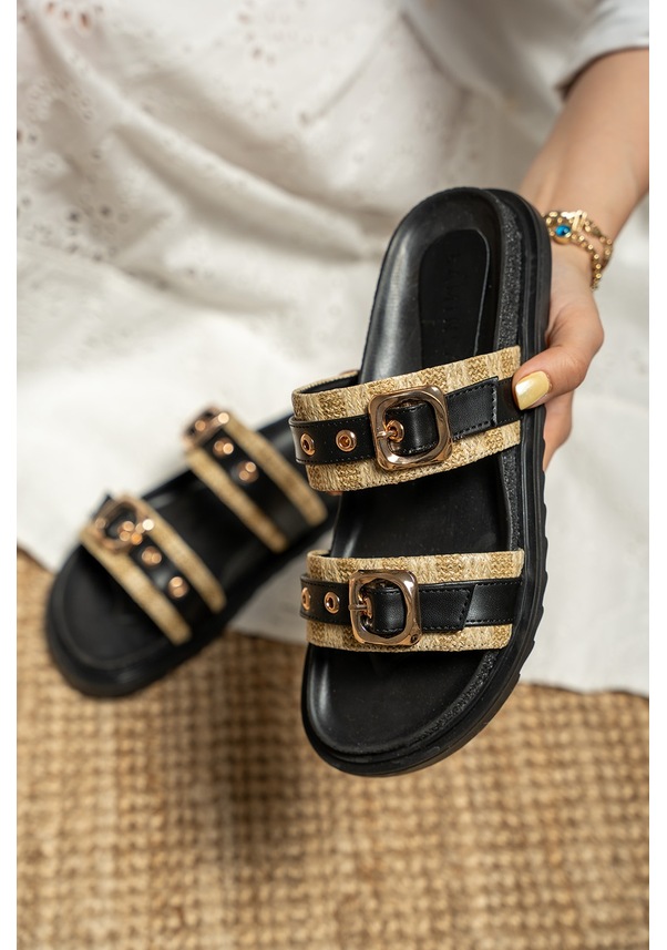 Resim Bassa Kadın Hasır Detaylı Tokalı Terlik Siyah 