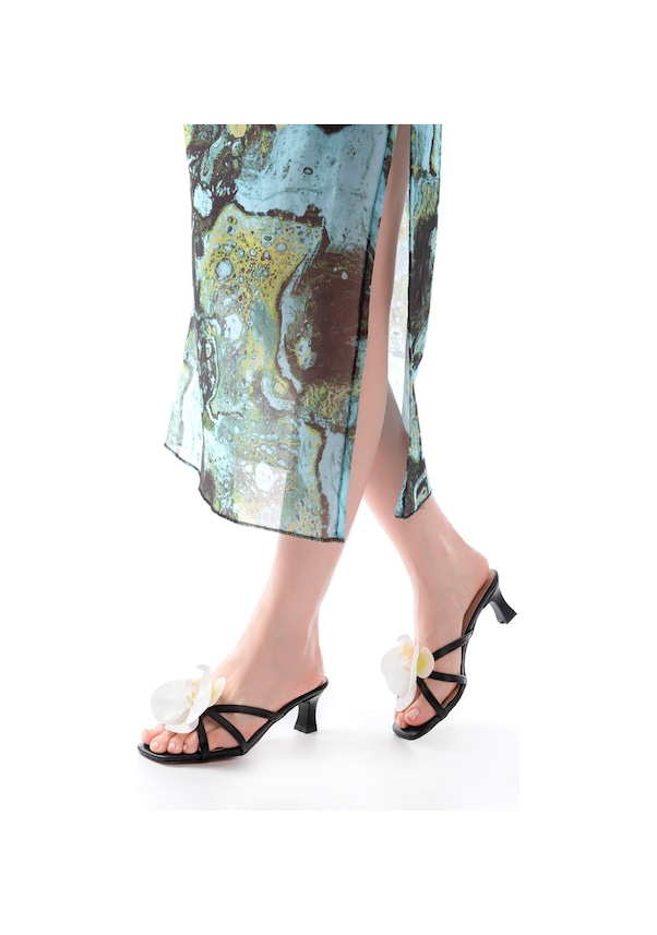 Resim S-622 Siyah Orkide Detaylı İnce Topuklu Kadın Terlik Siyah 