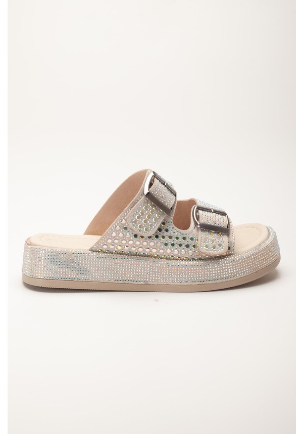 Resim Kadın Dolgu Topuklu Terlik Bej Çift Bantlı Taşlı Tokalı-4076 Bej 