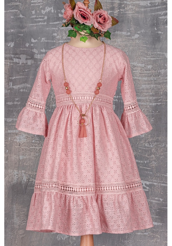Uzun Kollu Kolyeli Kız Çocuk Elbise-Pembe