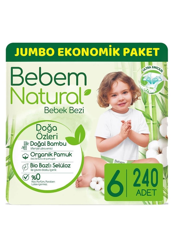 Bebem Natural Bebek Bezi 6 Numara XL Jumbo Ekonomik Paketi 240 Adet