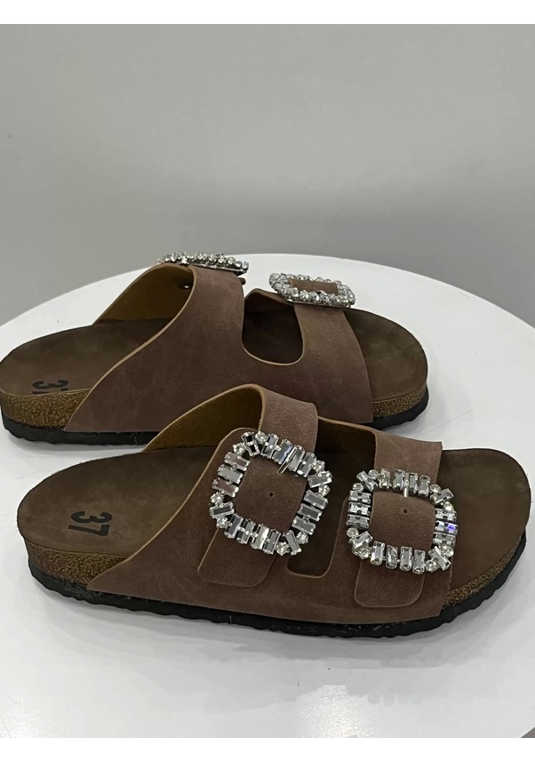 Resim İlyada Taşlı Çift Toka Kadın Kahverengi Terlik Kahverengi 
