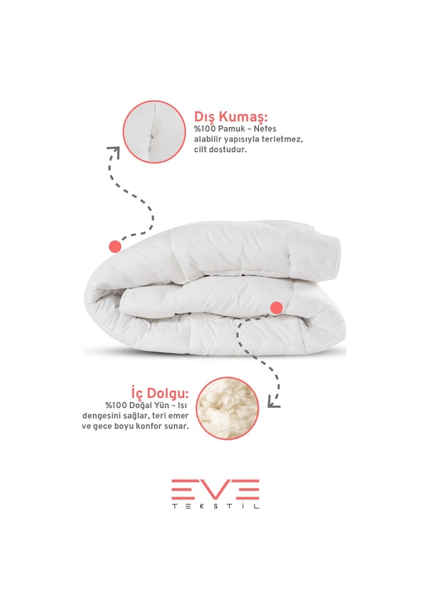 Resim %100 Merinos Kuzu Yünlü Pamuklu Antialerjik Çift Kişilik Yorgan 195x215 Cm Beyaz 