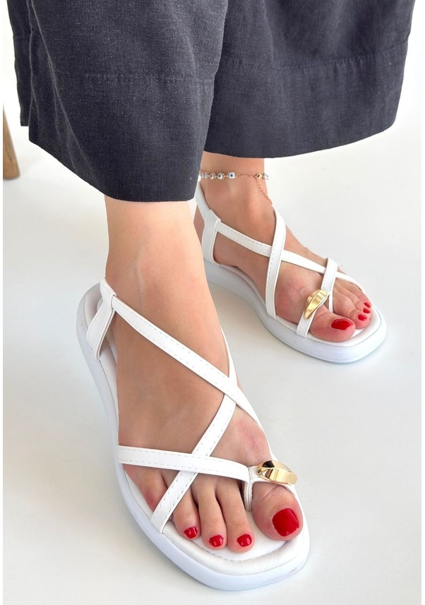 Resim Pabucmarketi Beyaz Parmak Arası Kadın Düz Sandalet Çok Renkli 