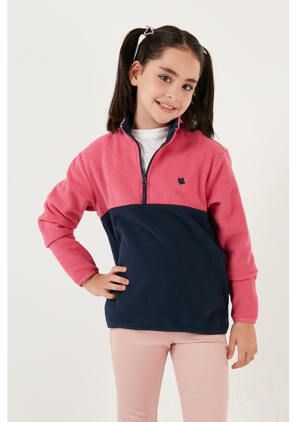 Resim Lela Yumuşak Dokulu Yarım Fermuarlı Renk Bloklu Dik Yaka 2'Li Paket Çocuk Polar 5905004S2 Fuşya Lacivert-Somon Gri 