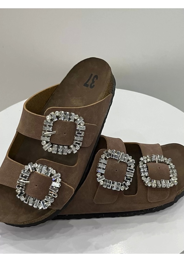 Resim İlyada Taşlı Çift Toka Kadın Kahverengi Terlik Kahverengi 