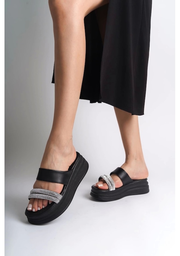 Resim Sarah Düz Topuklu Taşlı Şeritli Kalın Ve Ortopedik Taban Kadın Terlik St Siyah Siyah 