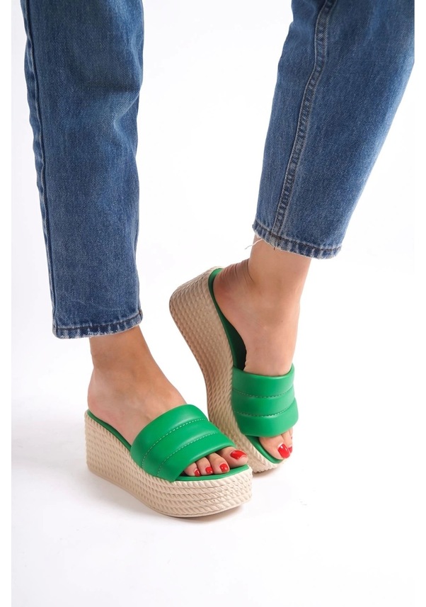 Resim Mendal Yeşil Cilt Dolgu Topuk Terlik Çok Renkli 