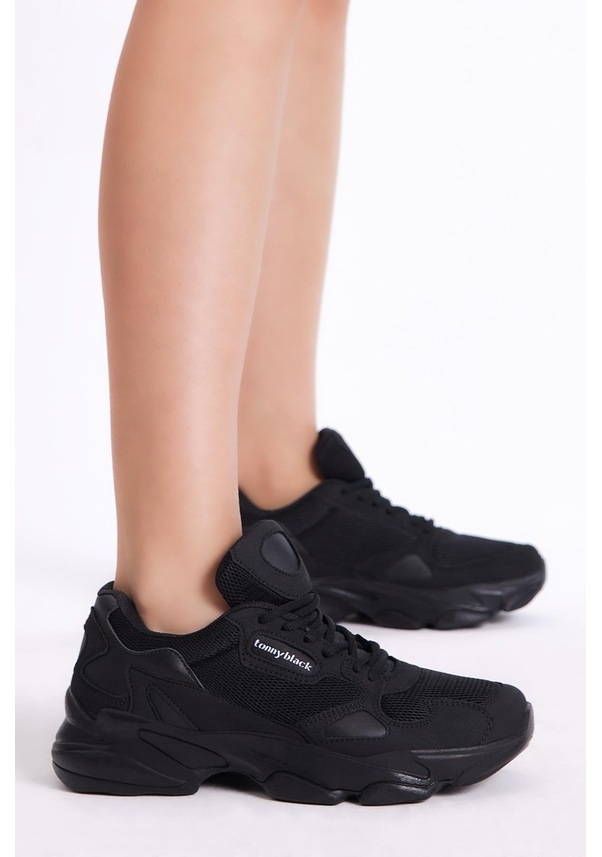 Resim Rahat Kalıp Yüksek Taban Bağcıklı Unisex Siyah Siyah Spor Ayakkabı Zhr-0 Siyah Siyah 