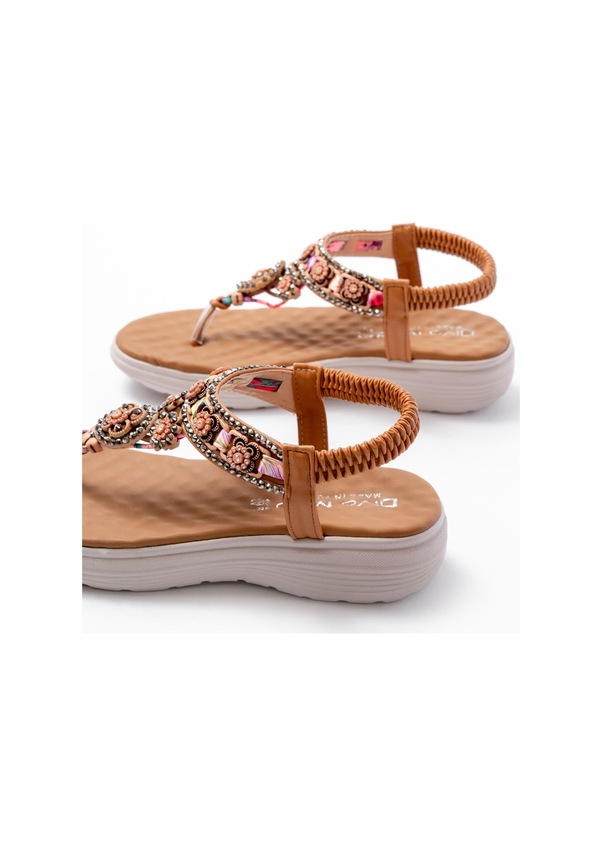 Resim Dm-609 Taba Taşlı Arka Lastikli Parmak Arası Kadın Sandalet Altın - Taba 