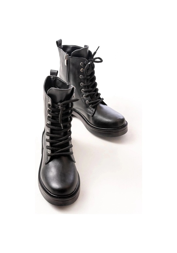 Resim 02-356 Siyah Düz Topuklu Bağcıklı Fermuarlı Günlük Kadın Bot Çok Renkli 