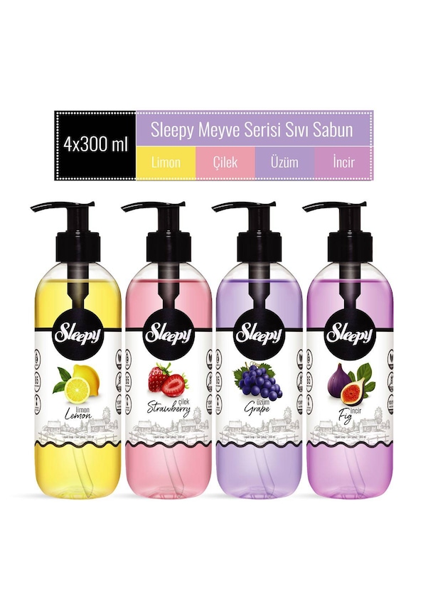 Sleepy Meyve Serisi Sıvı Sabun 4'lü Avantaj Paketi 4 × 300 ML Sleepy Meyve Serisi Sıvı Sabun 4'lü Avantaj Paketi 4 × 300 ML