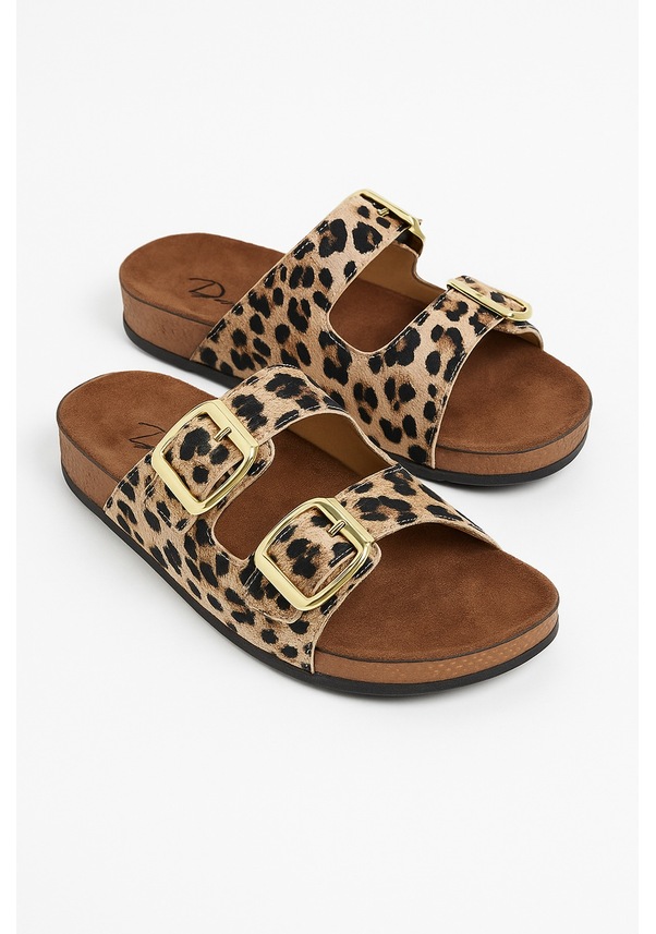 Resim Leopar Desen Soft Kadın Ev Terliği Rahat, Çift Tokalı Model Turuncu 