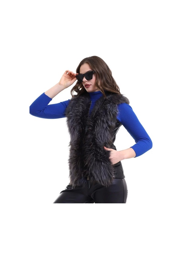 Resim Kadın Fermuarlı Koyun Derisi Tilki Kürkü - Siyah Siyah 