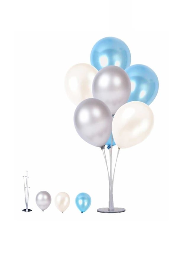 1 Adet 7'Li Balon Standı ve 7 Adet Gümüş -Mavi - Beyaz Metalik