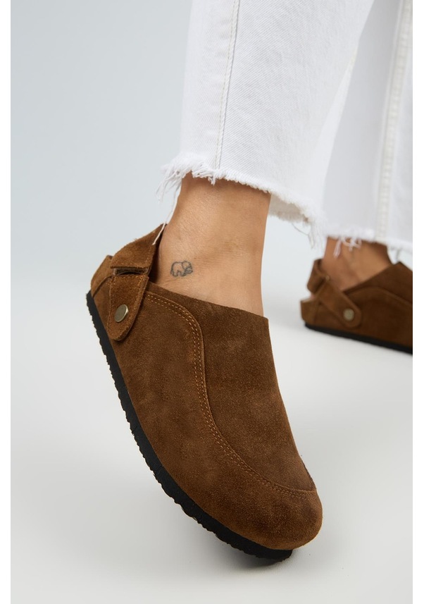 Resim Lina Kadın Hakiki Deri Düz Arkadan Bantlı Sabo Terlik-10490 Taba 