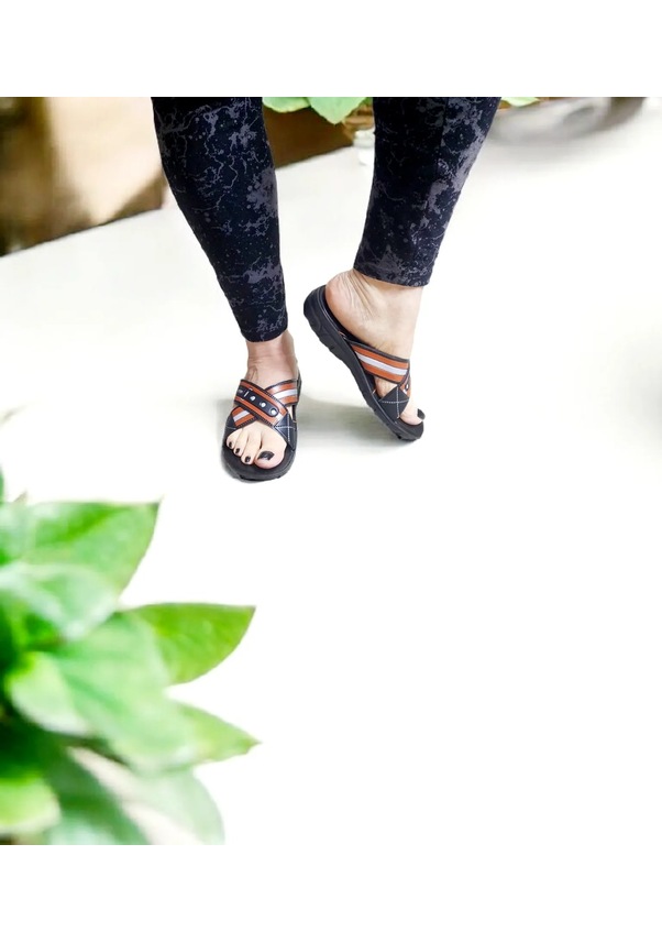 Resim Kadın Çapraz Bant 4 Nokta Ortopedik Ev Ve Dışarı Terliği Siyah 