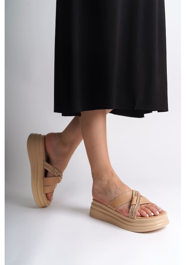 Resim Ruby Düz Topuklu Taşlı Çapraz Şeritli Kalın Ve Ortopedik Taban Kadın Terlik Ctt - Ten Ten 