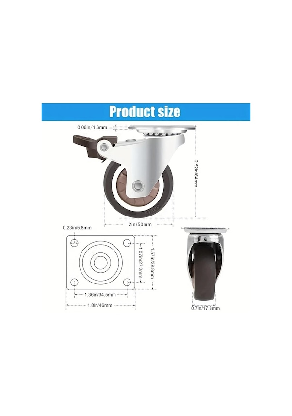 Resim Dashanshop 4pcs Swivel 2 Inç Frenli Ağır Hizmet Çarkı 600kg Mobilya Endüstriyel Kauçuk Tekerlek 