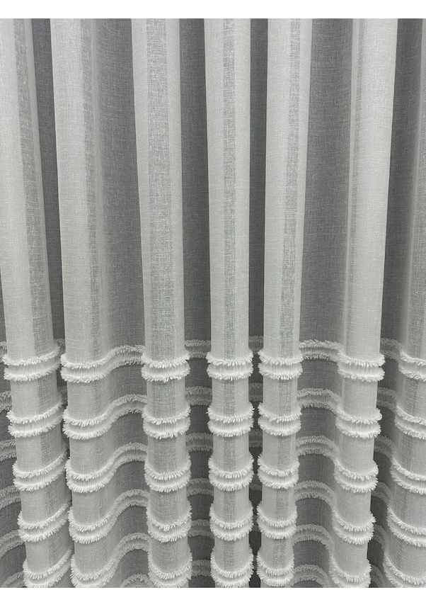 Resim Yatay Saçak Etekli Tül Perde 1/2,5 Orta Sık Pile Ekru Kırık Beyaz 