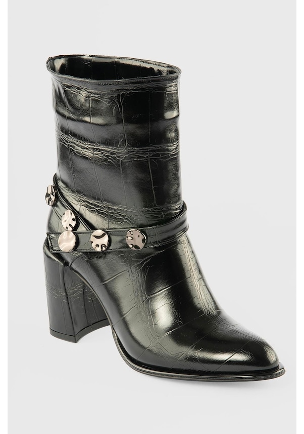 Resim Kadın Deri Bot Krokodil Desenli Platin Detaylı Topuklu Siyah Cordena Siyah 