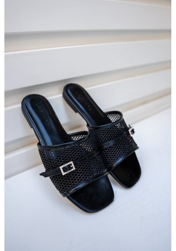 Resim Kija Fileli Toka Detaylı Taş İşlemeli Kadın Terlik Fuşya 