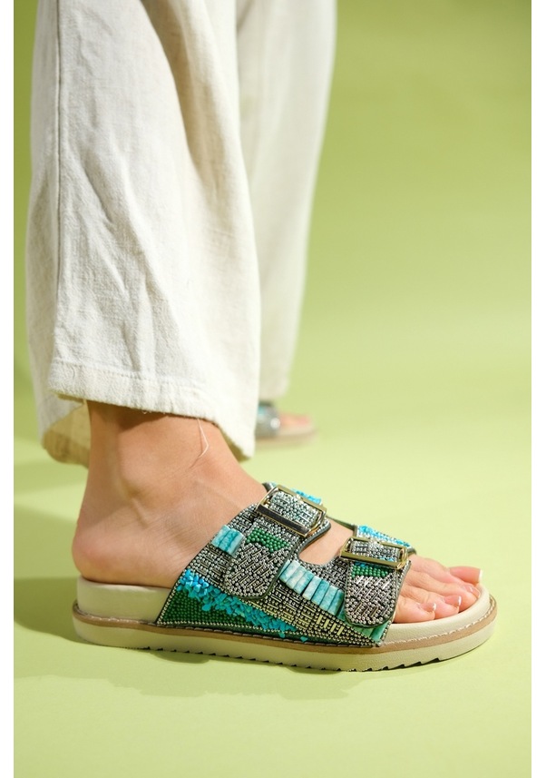 Resim Luvishoes Lanso Yeşil Taşlı Çift Bantlı Kadın Terlik Yeşil 