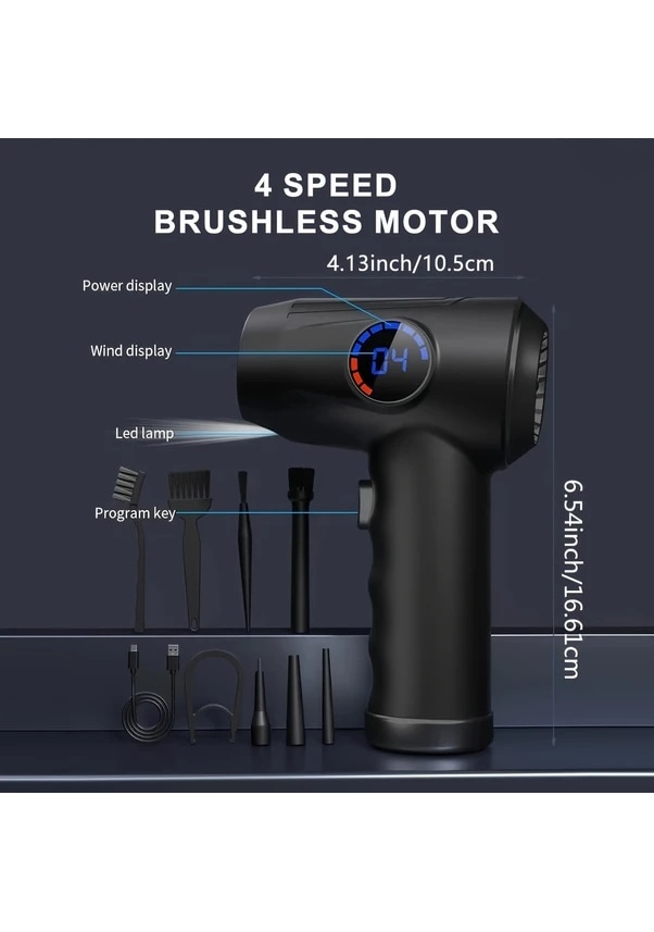 Resim Gaojunshop01 Siyah Elektrikli Saç Kurutma Makinesi 51000 Rpm Lcd Ekran Usb C Hızlı Şarj Toz Temizleme 