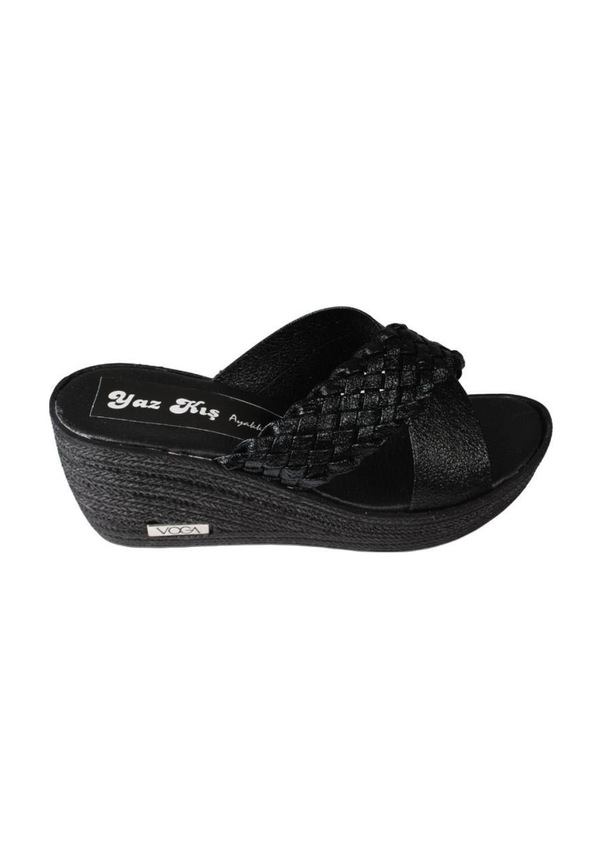 Resim Yazkış Kadın Siyah Çapraz Bantlı Örgü 7cm Dolgu Topuk Terlik Siyah 