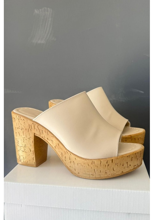 Resim Kadın Oven Bej 10 Cm Platfom Topuklu Mantar Taban Terlik K-850 Bej 