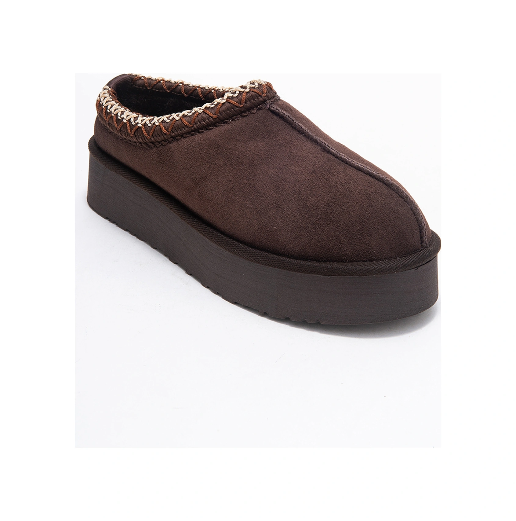 Resim Luvi Shoes Avelıa Kahverengi Süet Hakiki Deri Dikişli Kadın Kalın Tabanlı Kışlık Terlik Kahverengi 