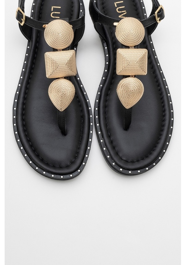 Resim Luvi Shoes Helen Siyah Hakiki Deri Parmak Arası Gold Tokalı Kadın Sandalet Siyah 