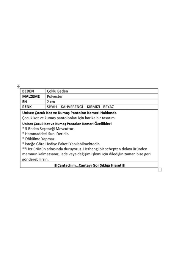 Resim Unisex Kot ve Kumaş Pantolon Çocuk Kemeri Kırmızı 