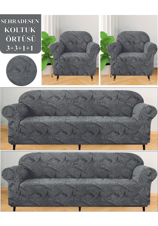 Resim Koltuk Örtüsü Takımı 3311 Yıkanabilir Streçli Lastkli Esnek Antra 