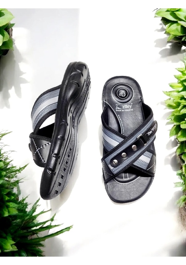 Resim Ortopedik 4 Nokta Yumuşak Taban Ev Ve Dışarı Terliği Gri - Siyah 