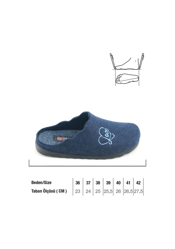 Resim Gezer Kadın Kışlık Nakışlı Kalpli Tasarım Rahat Taban Ev Bahçe Terlik Lacivert 