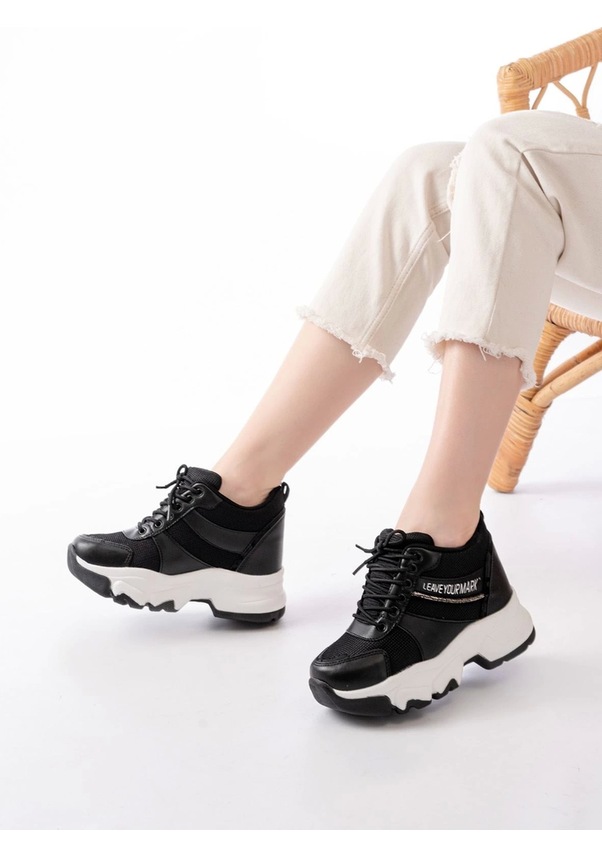 Resim F-209 Siyah Bağcıklı Fileli Taş Aksesuarlı Günlük Spor Ayakkabı Siyah 