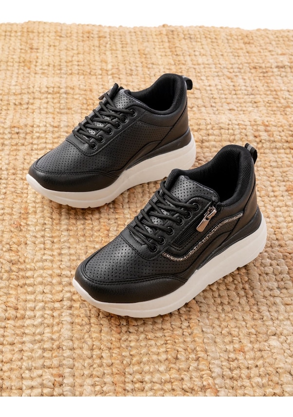 Resim F-207 Siyah Bağcıklı Fermuarlı Taş Aksesuarlı Mevsimlik Spor Ayakkabı Beyaz 