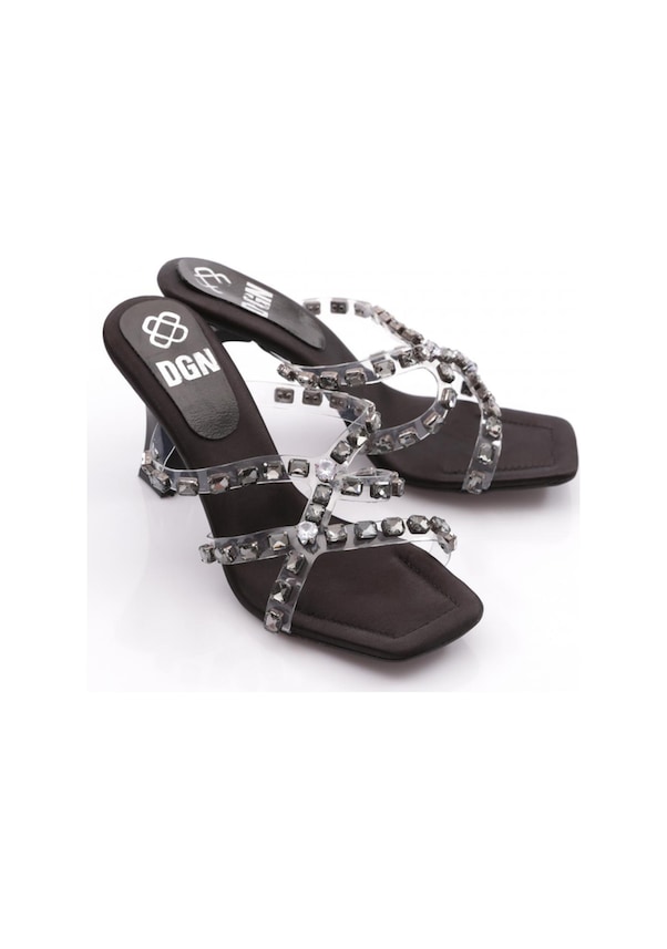 Resim Dgn 176 Kadın Taş Süslemeli Topuklu Terlik Siyah Saten 
