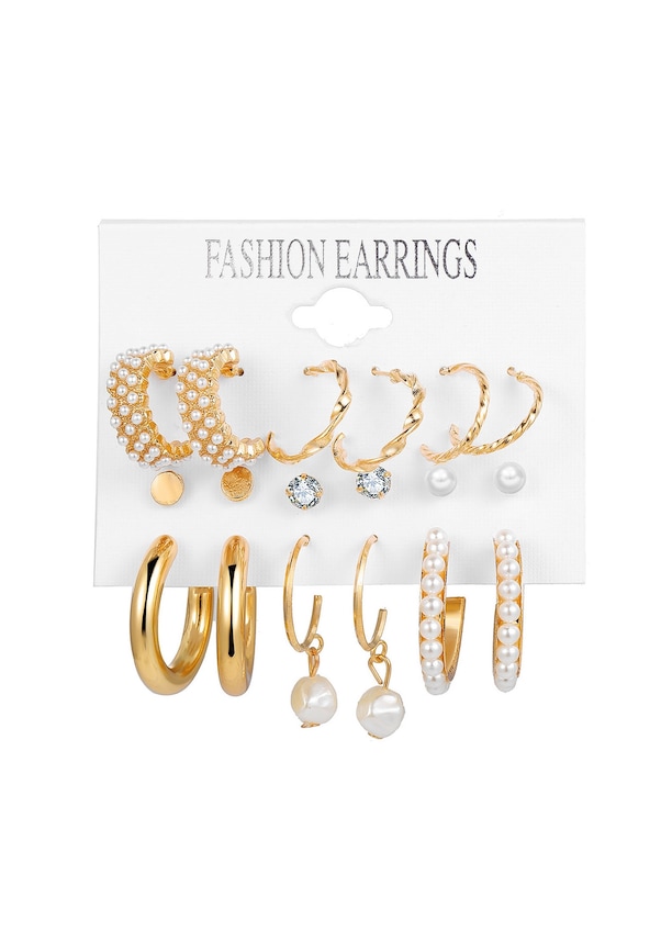 Chavin 9 Çift Gold İnci ve Taşlı Halka Bayan Küpe Seti es23 Chavin 9 Çift Gold İnci ve Taşlı Halka Bayan Küpe Seti es23