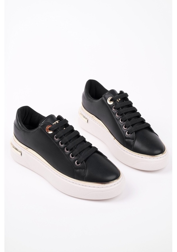 Resim Muggo Svetlana İnce Şerit Detaylı Bağcıklı Günlük Kadın Sneaker Spor Ayakkabı Siyah 