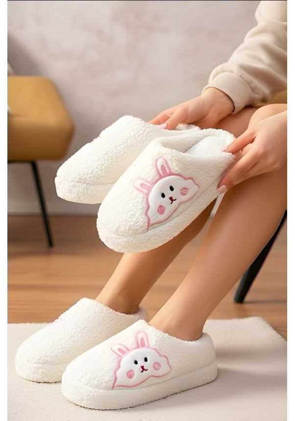 Resim Ft 101 Tavşan Nakışlı Kadın Ev Terliği Peluş Terlik Çeyiz Ve Bohça Terliği Ses Yapmaz Kalın Taban Beyaz 