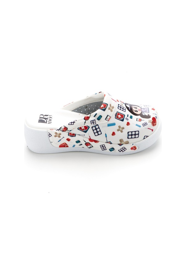 Resim Drmoon Hemşire Desenli Dolgu Taban Hakiki Deri Kadın Sabo Terlik Beyaz 