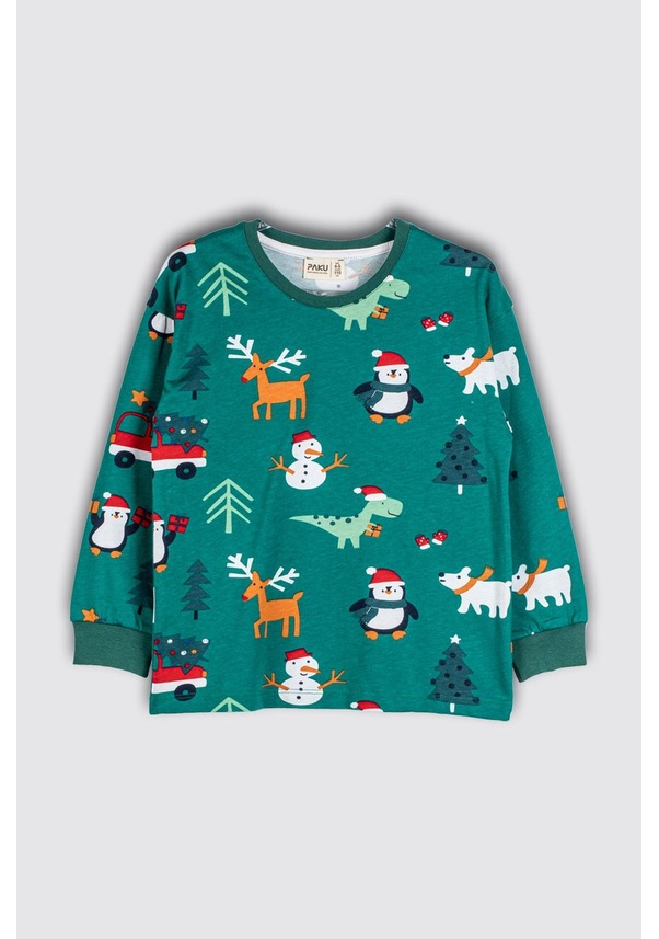 Resim Zuzunga Sevimli Kardan Adam-penguen Desenli %100 Pamuk Unisex Çocuk Pijama Takımı Yeşil 