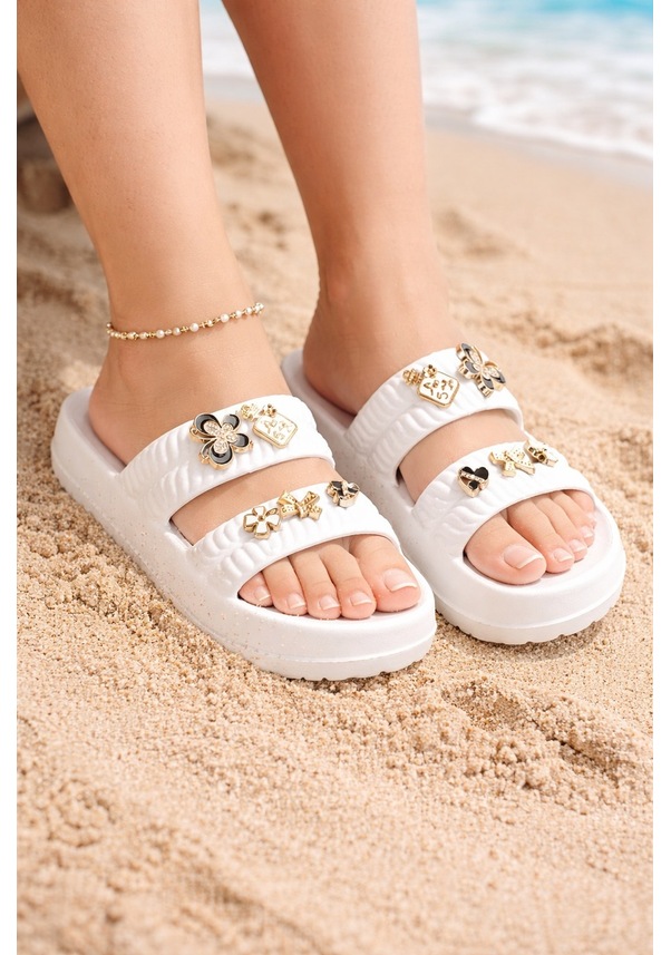 Resim Kadın Taşlı Şık, Rahat, Konforlu Eva Terlik Beyaz 